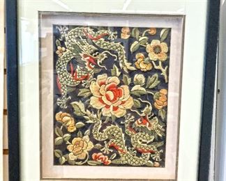 Framed Chinese antique embroidery on silk. Image of 2 dragons playing with a peony flower. Embroidery piece from late 1800's. Estate sale price: $250