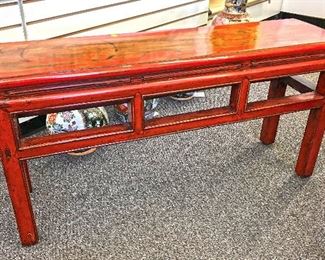 Old Chinese red lacquered bench. Excellent condition. $350