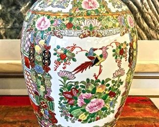Tall ginger jar (13.5") Chinese ginger jar with traditional rose and flower pattern. Estate sale price: $80
