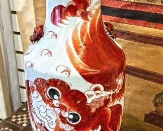 19c. Chinese vase. 17" tall. Red glaze Foo Dogs. Estate sale price: $250