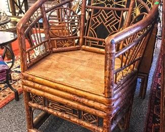 Bamboo horseshoe chair with elaborate lattice work. No nails used, only wooden pegs. Estate sale price: $250