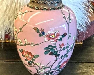 Unique Japanese antique pink cloisonne vase with cherry blossoms. Lovely piece in fairly good condition. 10.5" tall. Estate sale price: $750