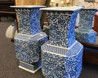Tall blue and white dragon vases with marking. 17" tall. Estate sale price: $125 each