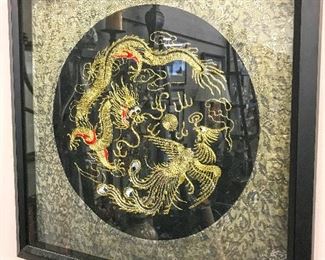 Dragon and Phoenix embroidery in gold thread framed with Chinese fabric. Estate sale price: $150
