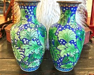 Old antique tall vegetation pattern cloisonne vases. 12" tall. Estate sale price: $550 for the pair.