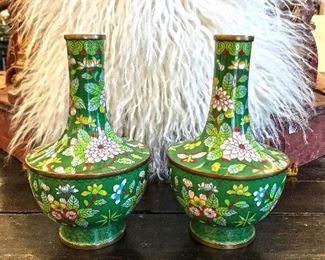 A pair of unusually shaped cloisonne vases. Beautiful shape. Vegetation, flowers and butterfly. 8.5" tall. Estate sale price: $250 for the pair