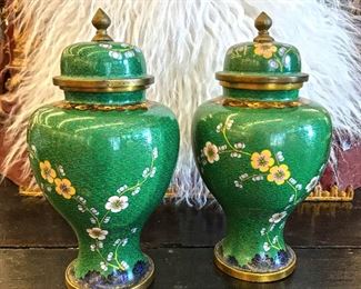 Pair of pretty matching cloisonne jars with lids. As-is. Estate sale price: $225 for the pair.