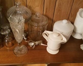 Glass Wear including Milk Glass, Candle Holders, Pitchers, Candy Dishes