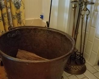 Huge copper pot, fireplace tools