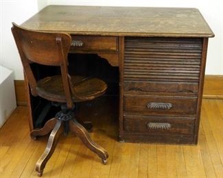 Antique Solid Wood 3 Drawer Desk, 31" X 48" X 33" Includes Rolling Wood Chair