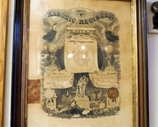 Wood Framed, Under Glass, Masonic Register Stamped/Signed R C Johnson Membership Certificate, 33" X 27"