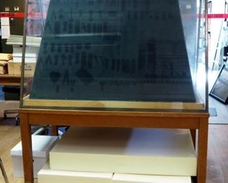 Metal Framed Glass Display With Rolling Display Platform And Wood Base, 68" X 62" X 36"