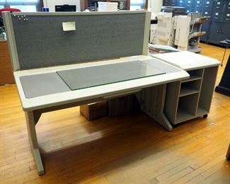 Microcomputer Accessories, Polyvinyl Work Desk With Attached Cork Board, 49" x 60" x 30" And Printer Table, 29" x 24" x 22", And Rolling Office Chair