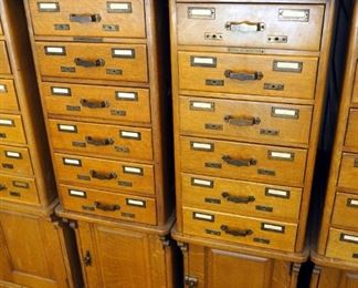 Antique Library Bureau SoleMakers Solid Wood Library Index Card Cabinet, 52" T x 16" W x 28" D, QTY 2