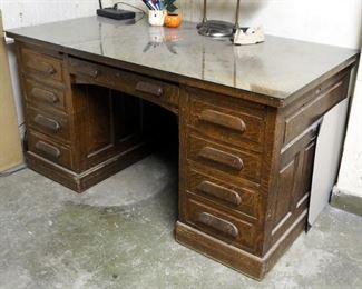 Antique Solid Wood 9 Drawer Desk With Glass Top