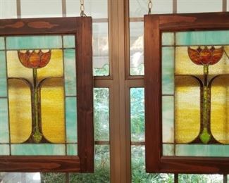 Pair of Stained Antique Glass Windows