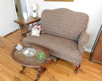 Loveseat, Ornate, glass tray top, coffee table