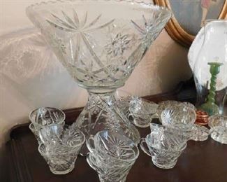 Early American Press Cut Punch Bowl and Cups