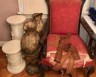 pedestals and really unique lamps, Victorian chair (needs some love)