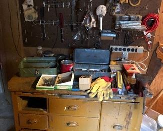 wrenches, saws, taps, small workbench desk