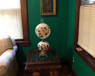 Oil lamp, antique side table