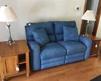 Denim loveseat, end tables and lamps