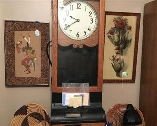Antique time clock and  Native American items