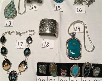 Another dozen + signed sterling Native American pieces of jewelry