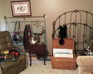 Bedroom items including 2 antique iron beds