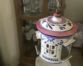 Porcelain birdhouse light on long brass chain, already wired