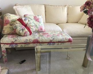 Floral upholstered bench with 3 matching throw pillows