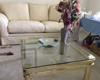 Brass/Glass Sqquare Cocktail Table with rounded corners, Rothchild Mid-Century Art Glass bowl