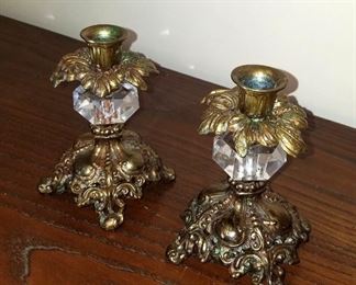 Pair of Victorian, solid brass and crystal candle holders.  6.5" tall.