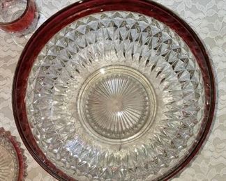 Vintage Diamond Point, Ruby Red flashed, large bowl.