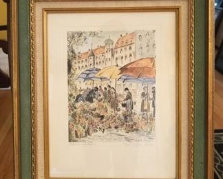 Vintage etching, hand colored, "Flower Market."            
 16" x 19"
