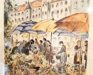 Vintage etching, hand colored, "Flower Market."  Signed and numbered by artist.