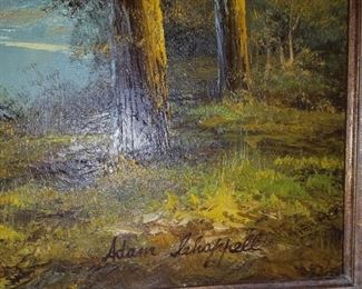 Original oil painting; mountain view, stream and woods landscape, signed by artist.  44" x 32"