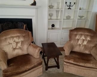 Two arm chairs.  Velveteen fabric, tufted backs, skirted.