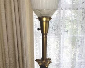 Vintage solid brass table lamp, 3-way light, milk glass shade.  33" tall.