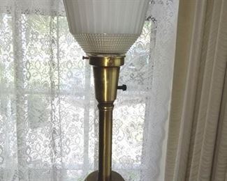 Vintage solid brass table lamp, green marble on base,     3-way light, milk glass shade.  30.5" tall.
