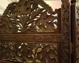 Carved Rosewood 3-Panel screen.  Was displayed in front of fireplace, but can be used for other purposes.  Each panel measures 13.25".    Overall size is 39-3/4" wide and 35" tall.  Super nice!