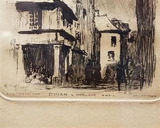 Original Etching, by French listed artist Charles Jaffeux, 1904-1941.   Street scene and clock tower, France.