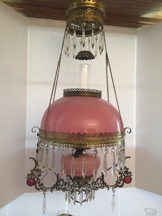 Victorian Hanging Pink Glass oil  Lamp W/Jeweled Cage