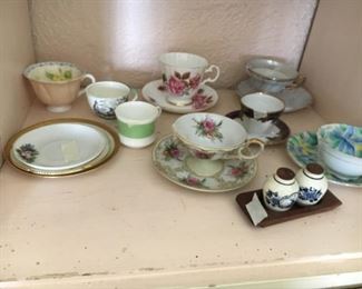 Collection of teacups and saucers--English, German, etc