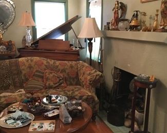 Coffee table, fireplace implements