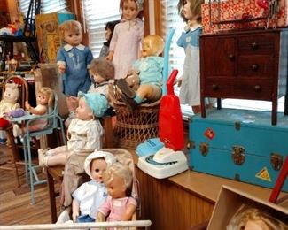 Doll vacuums, doll trunks, doll chest of drawers