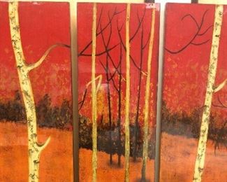 Triptych with vibrant red colors. 3 panels, each 74 x 19.25.  Signature pieces for any room, foray, or lobby