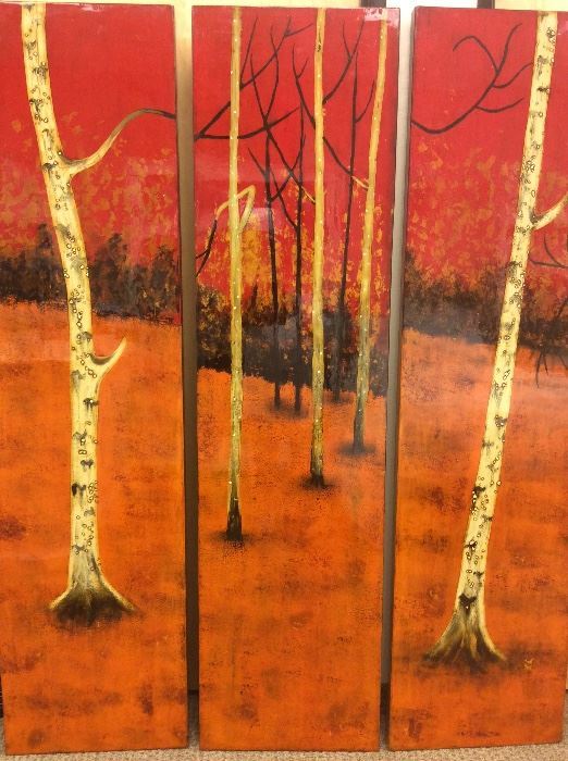 Triptych with vibrant red colors. 3 panels, each 74 x 19.25.  Signature pieces for any room, foray, or lobby