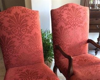 6 custom dining chairs in Paprika colored Chantelle. Two arm chairs, 4 side chairs.