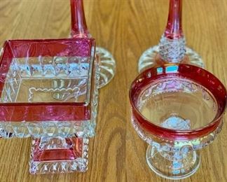 Depression Glass. Ruby-flashed, King’s Crown Thumbprint Pattern. Compote, Square Pedestal Dish, Candlesticks. Excellent Condition. 
$75 Set 